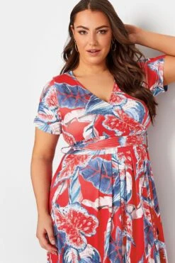 YOURS - Robe Maxi Cache-Coeur Rouge & Bleue Feuilles Tropicales Volanté -GrandeTendance Boutique 00413b68 dc8f 4f 302164 D