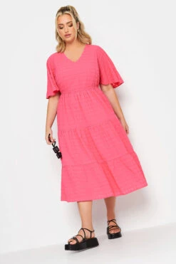 LIMITED COLLECTION - Robe Midi Rose Fushia Texturé Smocké