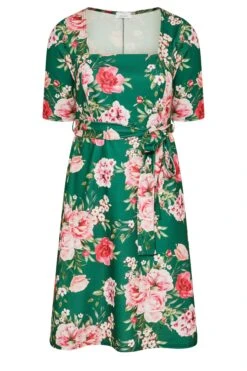 YOURS LONDON - Robe Verte Foncée Floral Manches Courtes -GrandeTendance Boutique 04930644 2663 49 161733 X
