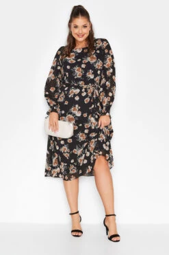 Robe Noire Floral Beige Manches En Ballons