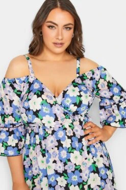 YOURS - Robe Bleue Floral Volanté Épaules Ajourées -GrandeTendance Boutique 06b35650 5a8c 4d 137286 D
