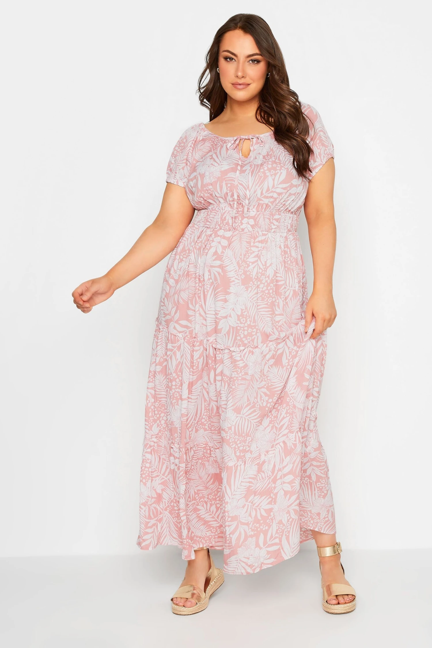Robe Rose Maxi Imprimé Tropical Manches Courtes 4 Robe Rose Maxi Imprimé Tropical Manches Courtes – Image 2