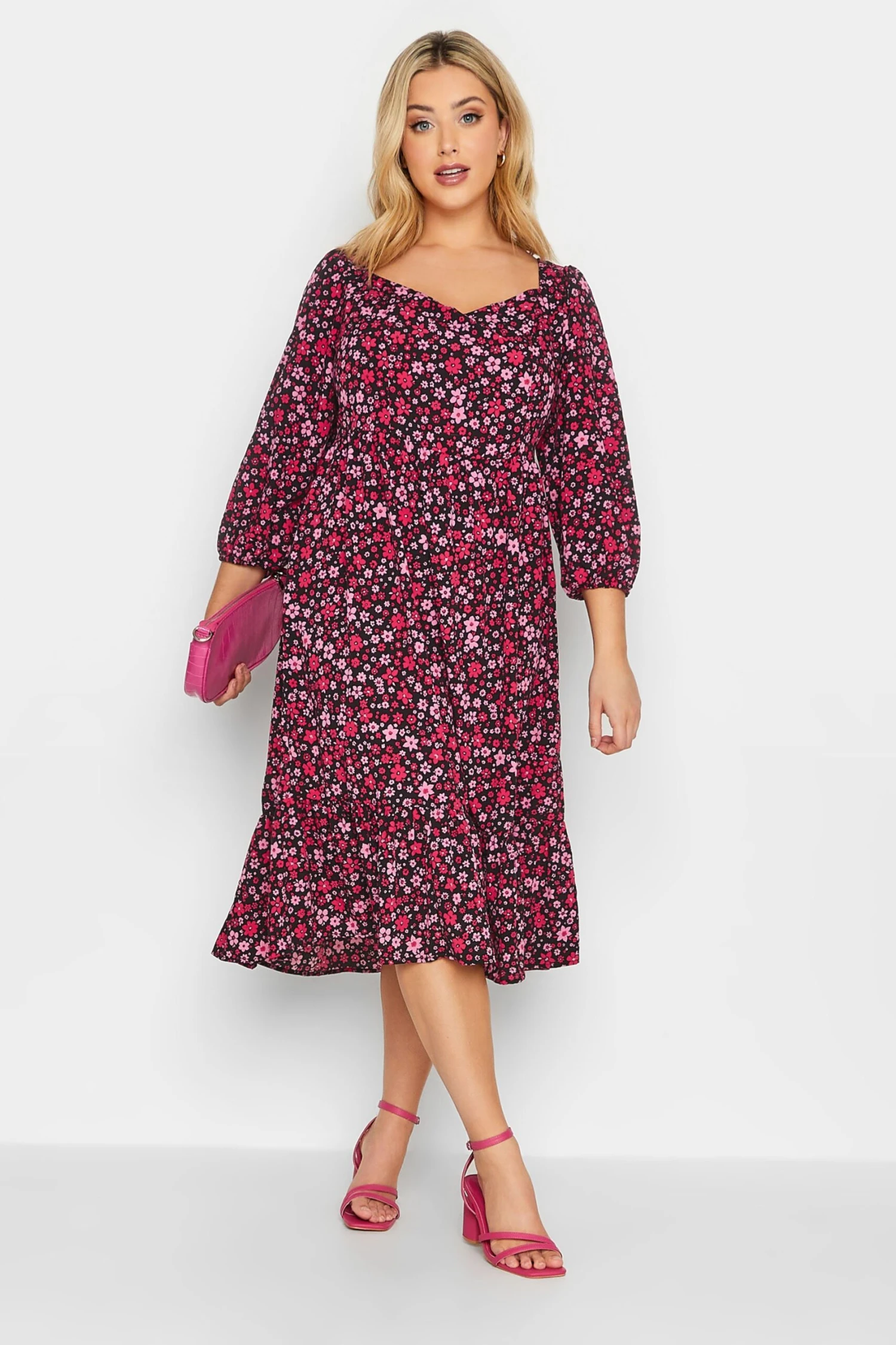 Robe Rose Midi Floral Cache-Coeur Manches Bouffantes 4 Robe Rose Midi Floral Cache-Coeur Manches Bouffantes – Image 2