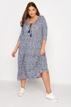 Robe Midi Bleue Petites Fleurs En Jersey