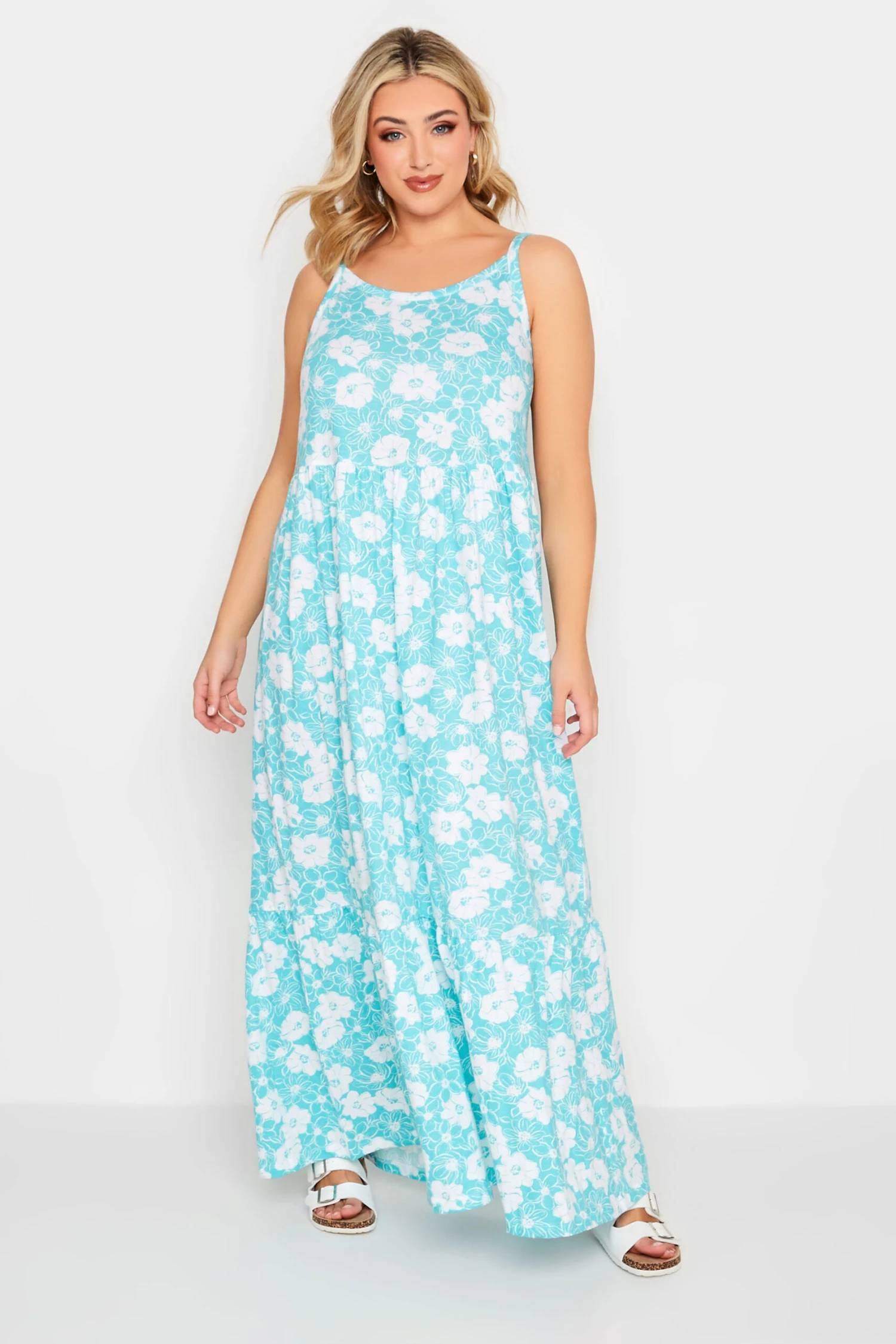 YOURS - Robe Bleue Clair Floral Volantée Fines Bretelles Maxi En Jersey 3 YOURS - Robe Bleue Clair Floral Volantée Fines Bretelles Maxi En Jersey