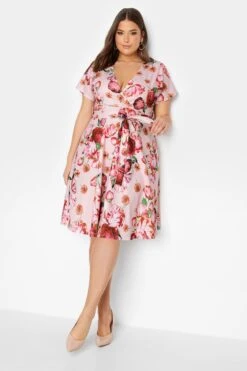 YOURS LONDON - Robe Rose Poudré & Fushia Floral Cache-Coeur