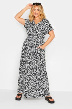 YOURS - Robe Noire Maxi Manches Courtes Design Floral