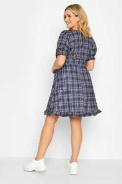 Robe Midi Bleue Foncée à Carreaux Volanté -GrandeTendance Boutique 10b915be bd07 4c 174143 C