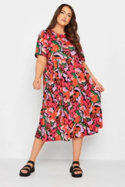 LIMITED COLLECTION - Robe Rose Smocké Floral Abstrait Manches Longues