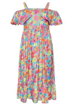 LIMITED COLLECTION - Robe Midi Bleue Floral Rose Coupe Bardot Volanté -GrandeTendance Boutique 12477322 33cf 49 215558 X