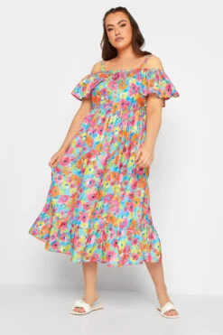 LIMITED COLLECTION - Robe Midi Bleue Floral Rose Coupe Bardot Volanté