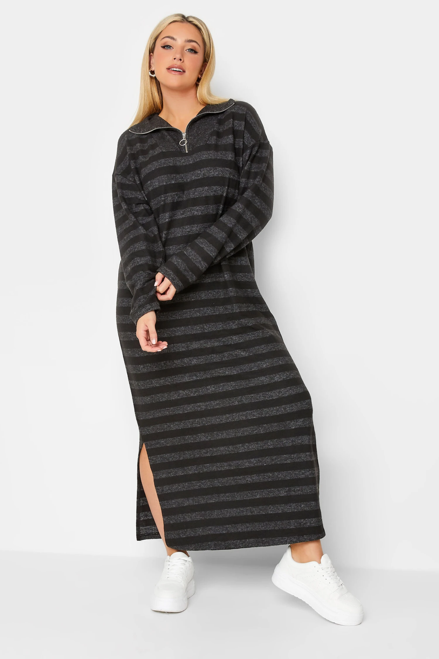 YOURS LUXURY - Robe-Pull Maxi Grise & Noire à Rayures 3 YOURS LUXURY - Robe-Pull Maxi Grise & Noire à Rayures