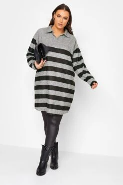 YOURS LUXURY - Robe-Pull Rayures Gris & Noir Manches Longues -GrandeTendance Boutique 1496a81b e6b4 41 301484 B