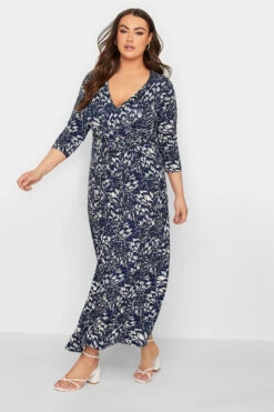 Robe Bleue Marine Imprimé Abstrait En Manches Longues
