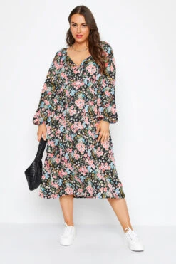 LIMITED COLLECTION - Robe Midi Noire Floral Rose Manches Longues