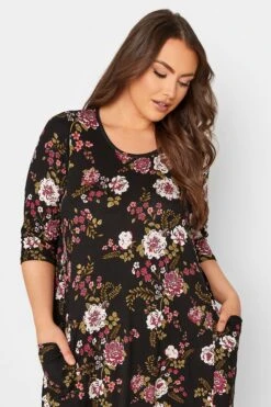 Robe Noire Multi-Floral En Jersey Manches Courtes -GrandeTendance Boutique 1c13133a 4016 41 137233 D