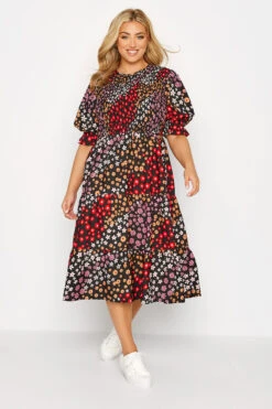 Robe Rouge & Rose Floral Smocké Manches Courtes -GrandeTendance Boutique 1c2478e8 0466 47 137218 B