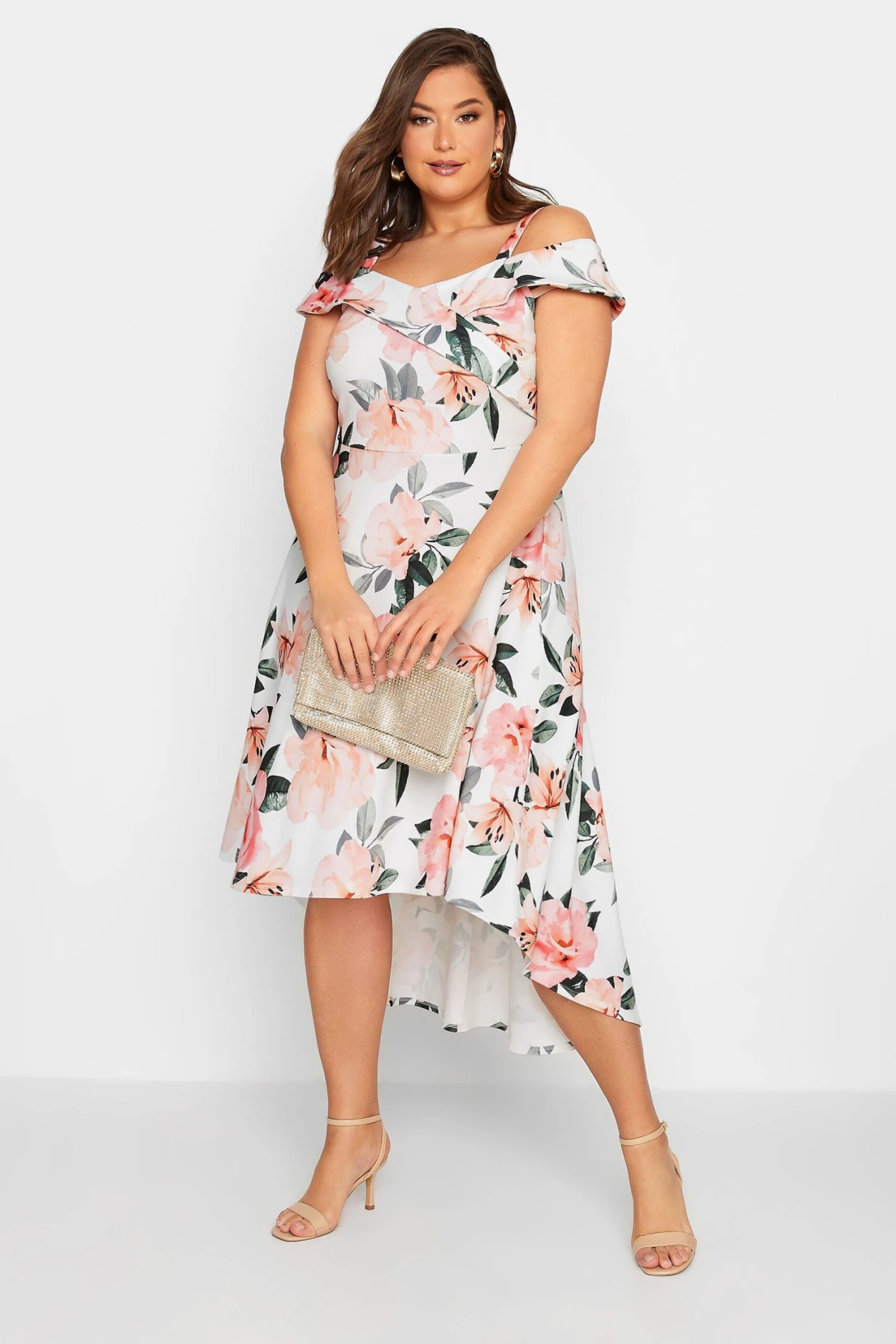 YOURS LONDON - Robe Blanche & Corail Floral En Bardot Demoiselle D'Honneur 4 YOURS LONDON - Robe Blanche & Corail Floral En Bardot Demoiselle D'Honneur – Image 2