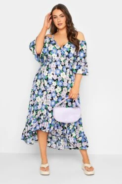 YOURS - Robe Bleue Floral Volanté Épaules Ajourées -GrandeTendance Boutique 1ca23096 cb94 49 137286 B