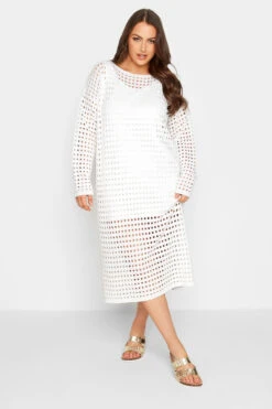 YOURS - Robe Midaxi Blanche Crochet Manches Longues