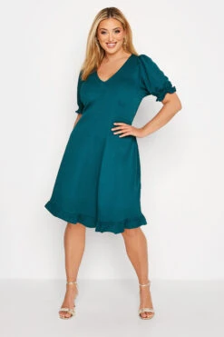 Robe Midi Bleue Sarcelle Manches & Ourlet Volantés