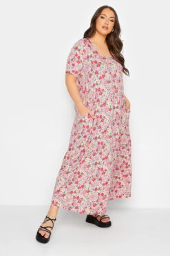 YOURS - Robe Rose Maxi Plissée Multi-Floral
