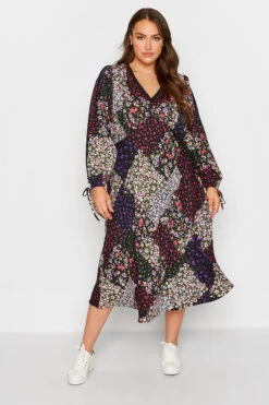 LIMITED COLLECTION - Robe Noire Patchwork Multi-Floral Manches En Ballons