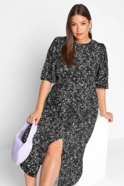 Robe Noire Midi à Fente Design Pâquerettes