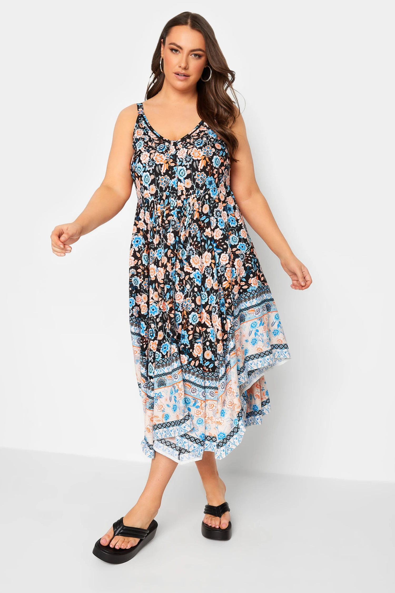 YOURS - Robe Noire Floral Bleu & Orange Ourlet Roulanté 3 YOURS - Robe Noire Floral Bleu & Orange Ourlet Roulanté