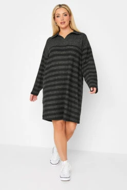 YOURS LUXURY - Robe-Pull Rayures Gris Charbonneux & Noir Manches Longues