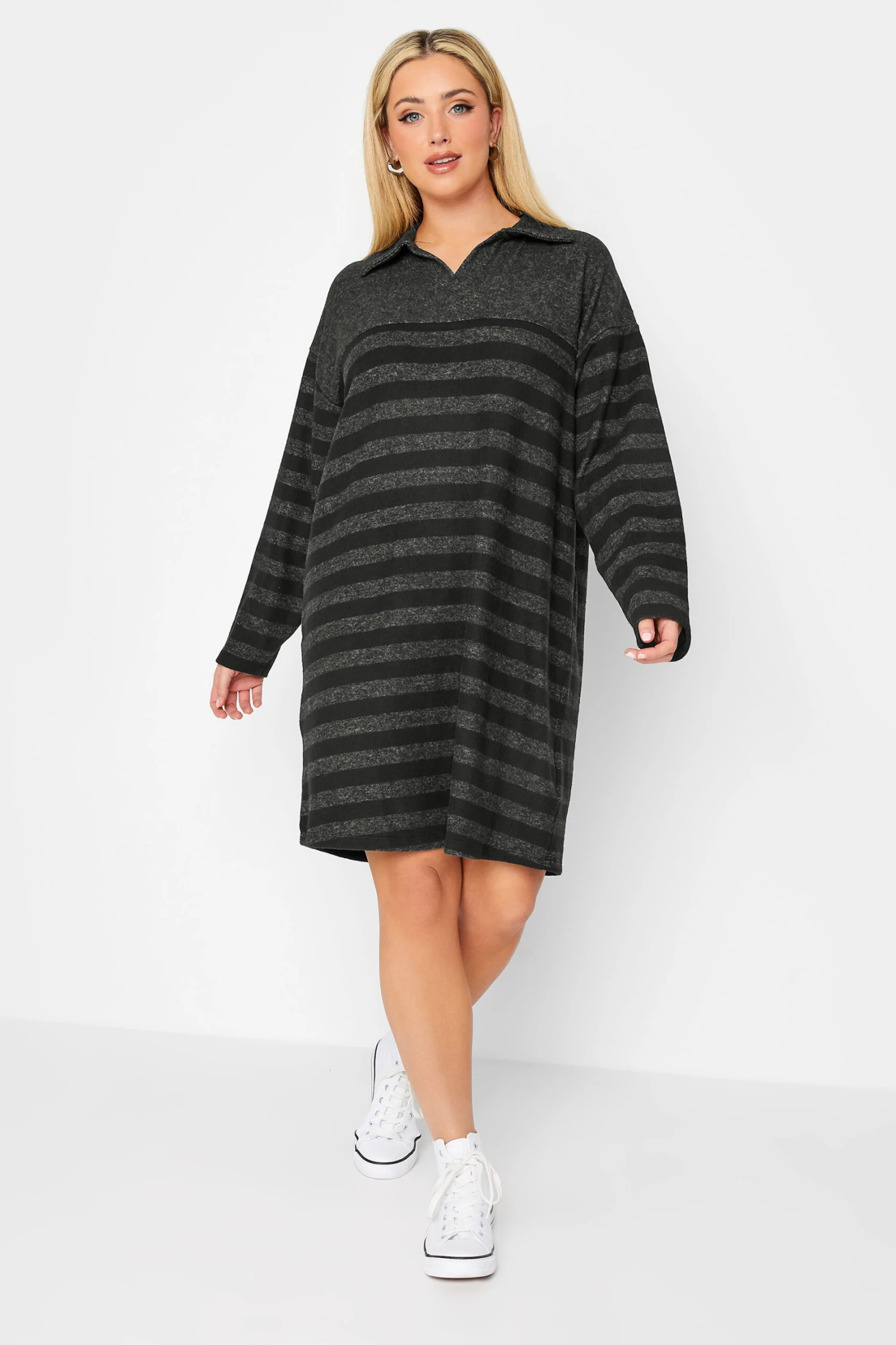 YOURS LUXURY - Robe-Pull Rayures Gris Charbonneux & Noir Manches Longues 2 YOURS LUXURY - Robe-Pull Rayures Gris Charbonneux & Noir Manches Longues