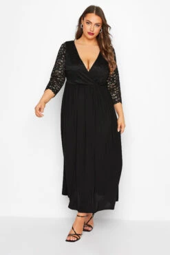 YOURS LONDON - Robe Noire Maxi Cache-Coeur Manches Dentelle