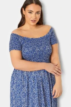 Robe Bleue Petites Fleurs En Bardot Manches Courtes -GrandeTendance Boutique 2cc3c64a 87ce 4f 137288 D