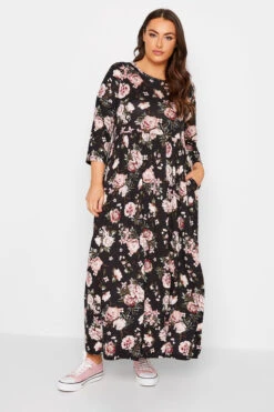 Robe Midi Noire Floral Rose En Jersey