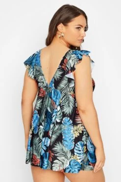 Robe De Bain Noire Imprimé Feuilles Tropicales Volantée -GrandeTendance Boutique 2e905eae bab8 4d 150256 C