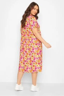 YOURS - Robe Rose & Jaune Floral Smocké Manches Courtes -GrandeTendance Boutique 30788743 6481 42 137389 D