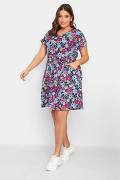 YOURS - Robe Bleue Mini Floral Rose Fushia à Poches