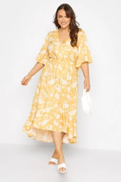 Robe Jaune Floral Ourlet Plongeant Volanté