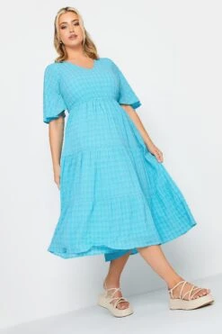 LIMITED COLLECTION - Robe Midi Bleue Aqua Texturé Smocké