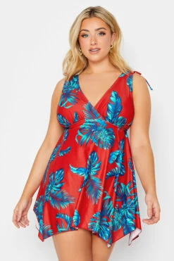 YOURS - Robe De Bain Rouge Tropicale Feuilles Bleues Volanté