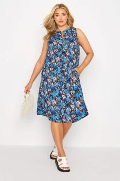 Robe Coupe Droite Bleue En Floral
