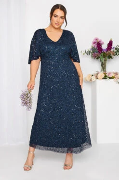 LUXE - Robe Bleue Marine Maxi Empiècement Sequins
