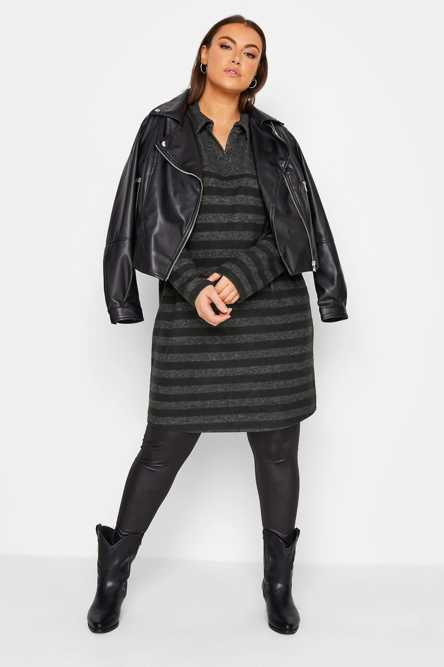 YOURS LUXURY - Robe-Pull Rayures Gris Charbonneux & Noir Manches Longues 7 YOURS LUXURY - Robe-Pull Rayures Gris Charbonneux & Noir Manches Longues – Image 6