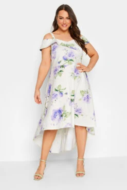 YOURS LONDON - Robe Blanche & Lavande Floral En Bardot Demoiselle D'Honneur