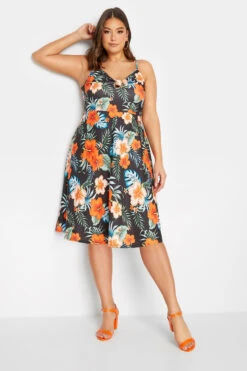 YOURS LONDON - Robe Noire Fleurs Tropical Orange