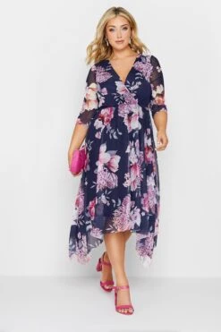 YOURS LONDON - Robe Midi En Mousseline Bleue Floral Rose