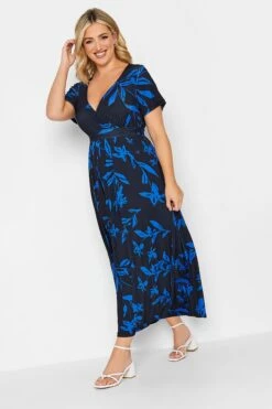 YOURS - Robe Maxi Cache-Coeur Bleue Roi & Noire Feuilles Volanté