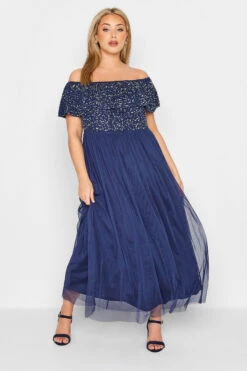 LUXE - Robe Bleue Marine Maxi Design Bardot & Sequins