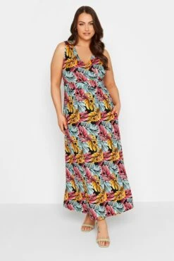 YOURS - Robe Maxi Noire Feuilles Tropicales Roses & Jaunes