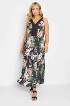 YOURS LONDON - Robe En Jersey Maxi Verte & Rose Tropical
